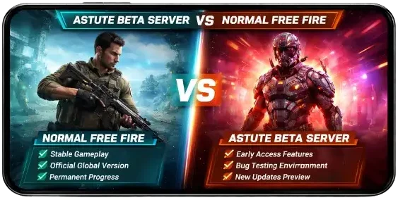 Home 7 Astute Beta Server vs Normal Free Fire comparison showing beta testing features, gameplay updates, and official version stability