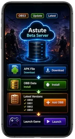 Home 5 Astute Beta Server download process showing APK installation, OBB files setup, and latest OB53 version updates for Free Fire beta testing