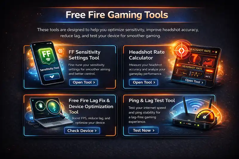 Home 9 Free Fire gaming tools including FF sensitivity settings tool, headshot rate calculator, lag fix device optimizer, and ping lag test tool for Garena Free Fire and Free Fire Max players