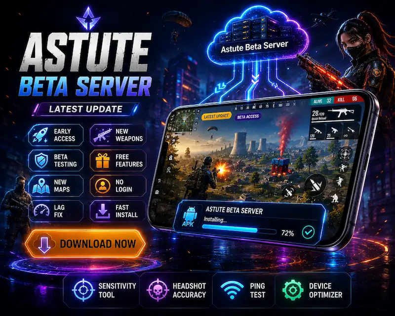 Home 1 Astute Beta Server APK download hero image showing Free Fire beta gameplay, APK access, proxy server, Evo guns, and latest gaming updates