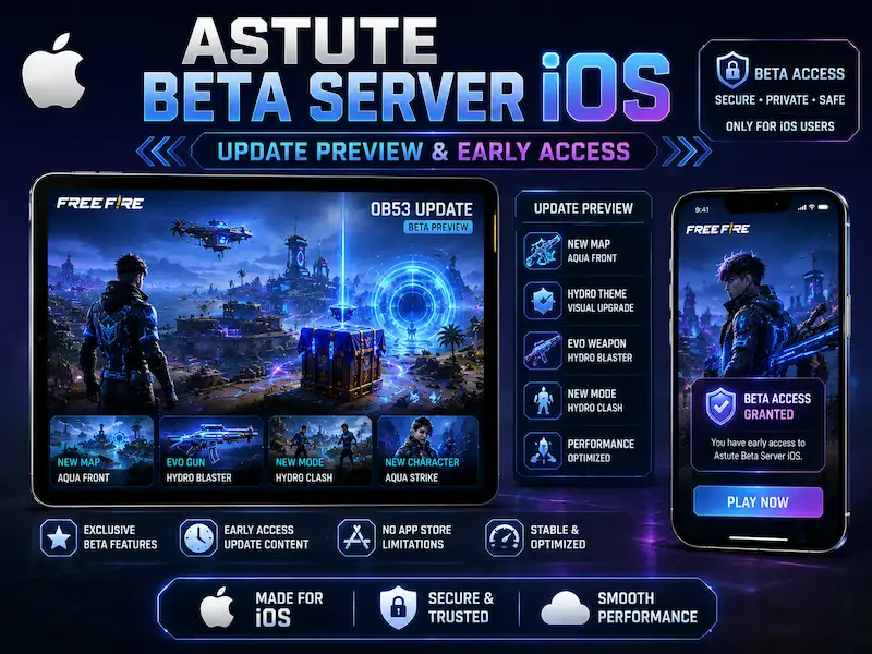 IOS 1 Astute Beta Server iOS for iPhone and iPad image showing iPhone and iPad gameplay previews for Free Fire beta updates