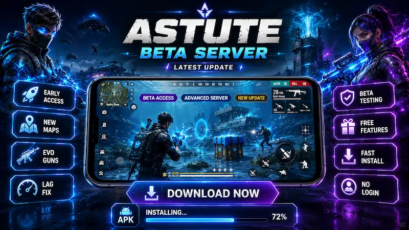 Download 1 Astute Beta Server APK download image showing latest OB53 beta update, Free Fire gameplay, APK install, and proxy server access