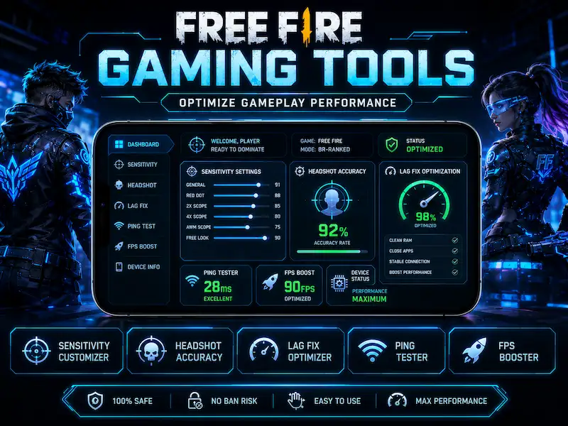 Free Fire gaming tools image showing sensitivity settings, headshot tool, lag fix, ping test, and FPS optimization