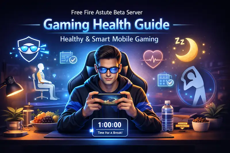 Gaming Health 1 Gaming health tips for mobile gamers and free fire players image showing healthy mobile gaming setup, eye protection, posture support, and screen time management
