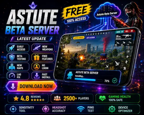 Astute Beta Server APK download hero image showing Free Fire beta gameplay, APK access, proxy server, Evo guns, and latest gaming updates