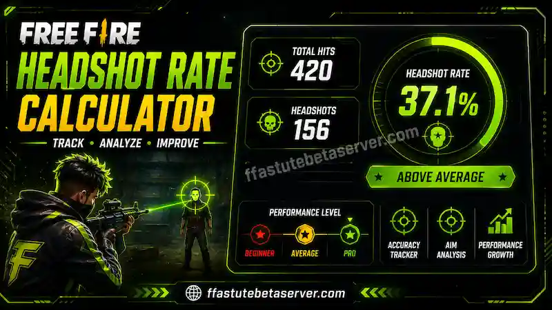 Free Fire Headshot Rate Calculator 1 Free Fire headshot rate calculator showing accuracy percentage total shots fired headshots scored and performance rating from beginner to pro level for Garena Free Fire players