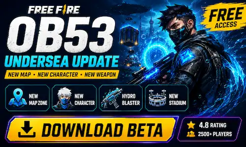 Free Fire OB53 undersea update featured image showing futuristic gameplay, Hydro Zone, new character Ray, and Astute Beta Server download access.
