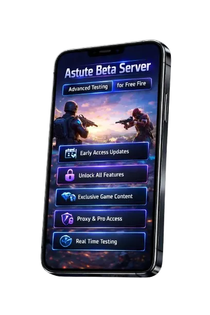 Home 2 Astute Beta Server overview showing early access to Free Fire updates, new characters, weapons, and beta testing features
