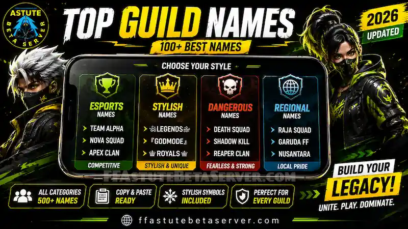 Free Fire Guild Name — Best FF Guild Name Style List & Generator 2026 2 Best Free Fire guild name categories including esports, stylish, dangerous, and regional FF guild names for 2026.