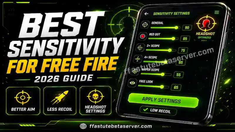 Free Fire Sensitivity setting 1 Best sensitivity for Free Fire 2026 showing optimized sensitivity settings for general aim red dot 2x 4x AWM scope and free look on Android devices for headshots