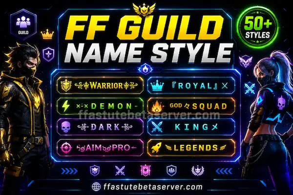 FF Name Style Generator — Create Free Fire style Name 2026 2 FF guild name style examples for Free Fire 2026 showing
stylish guild names with symbols brackets and decorations
for competitive Free Fire and Free Fire MAX guilds.