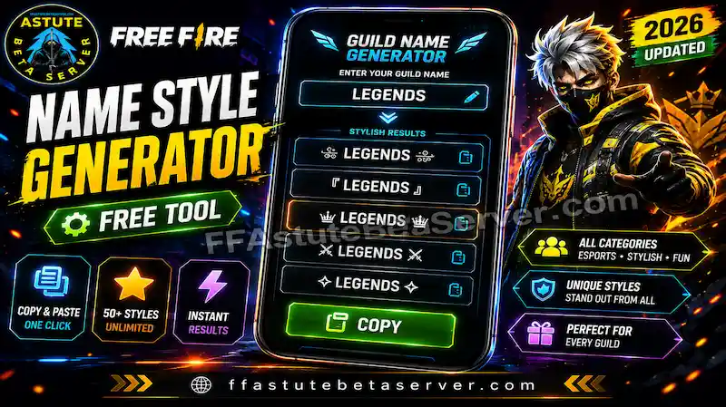 Free Fire Guild Name — Best FF Guild Name Style List & Generator 2026 3 FF Name Style Generator tool creating stylish Free Fire guild names with symbols, fonts, and one-click copy options.