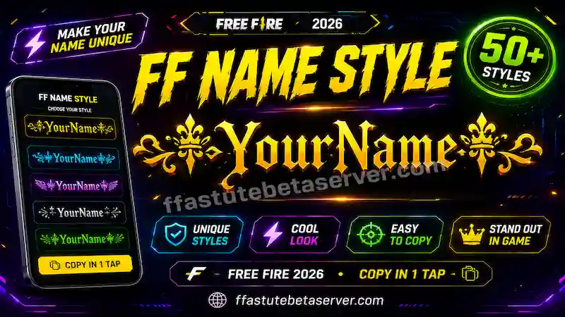FF Name Style Generator — Create Free Fire style Name 2026 1 FF name style generator for Free Fire 2026 showing stylish Unicode name examples including crown star fire guild and Arabic styles for Garena Free Fire and Free Fire MAX profiles.