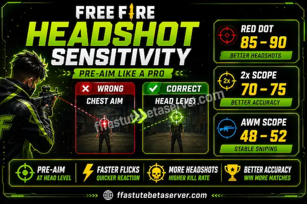 Free Fire Sensitivity setting 3 Free Fire headshot sensitivity guide showing correct
crosshair placement at enemy head level before engagement
for consistent headshots with optimal sensitivity settings.