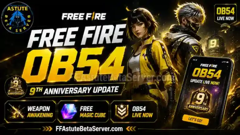Free Fire OB54 Update — New Features, Release Date & Full Guide 1 Free Fire OB54 9th Anniversary featured image showing original battle royale style characters, Weapon Awakening, Free Magic Cube, and the latest OB54 update.