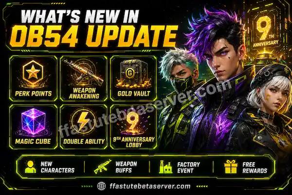 Free Fire OB54 update featuring Perk Points, Weapon Awakening, Gold Vault, Magic Cube, Double Ability, and the 9th Anniversary Lobby.