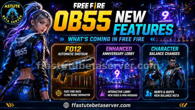 Free Fire OB55 new features showing FO12 automatic shotgun enhanced anniversary lobby and character balance changes