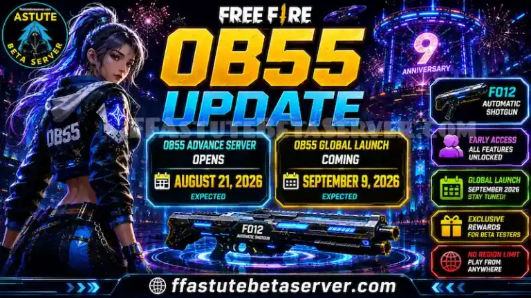 Free Fire OB55 update expected release date with August 21 2026 advance server opening September 9 2026 global launch FO12 shotgun and anniversary lobby