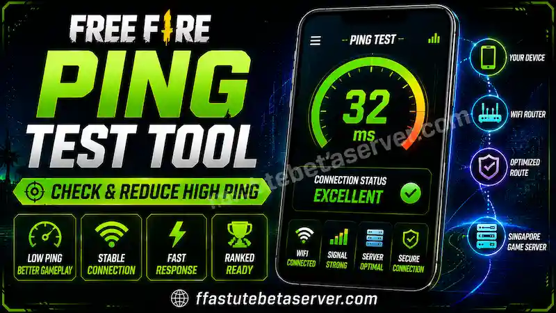 Free Fire PING & LAG TEST TOOL 1 Free Fire ping test tool showing connection quality meter with green low ping zone yellow acceptable zone and red high ping zone above 100ms with tips to reduce lag