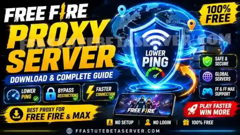 Free Fire proxy server showing connection to optimized global servers reducing ping and lag for Free Fire and Free Fire MAX players — built into Astute Beta Server