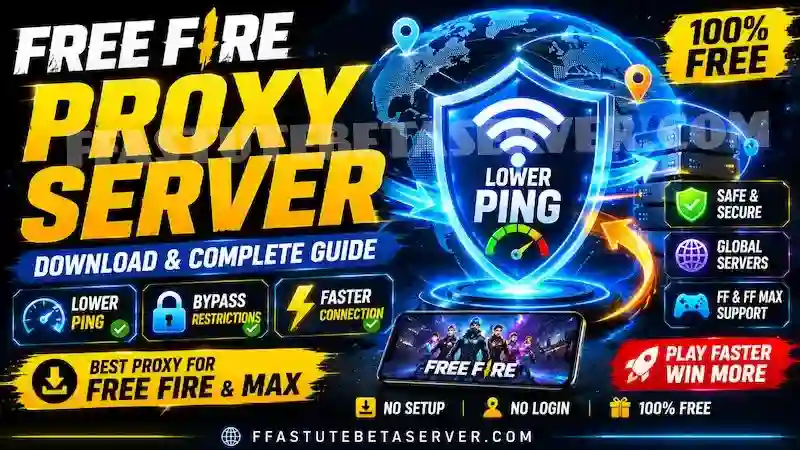 Free Fire proxy server showing connection to optimized global servers reducing ping and lag for Free Fire and Free Fire MAX players — built into Astute Beta Server