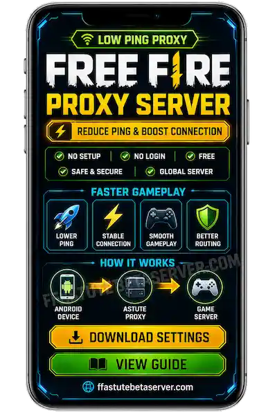 Free Fire proxy server setup guide for Android showing lag fix and ping reduction for Pakistan India Indonesia players