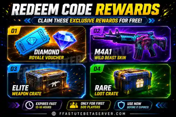Free Fire Redeem Codes 2 Free Fire redeem code rewards showing Diamond Royale Voucher M4A1 Wild Beast skin Elite Weapon Crate and Rare Loot Crate available through FF redeem codes.