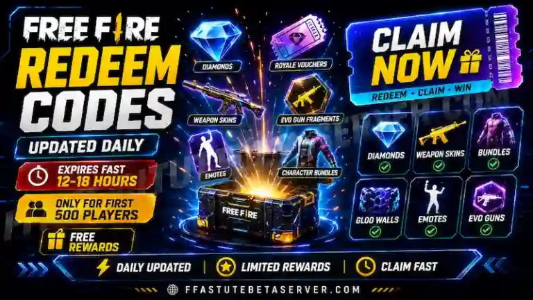 Free Fire Redeem Codes 4 Free Fire redeem codes today 2026 showing active FF codes for free diamonds M4A1 Wild Beast skin weapon loot crates and Diamond Royale Vouchers