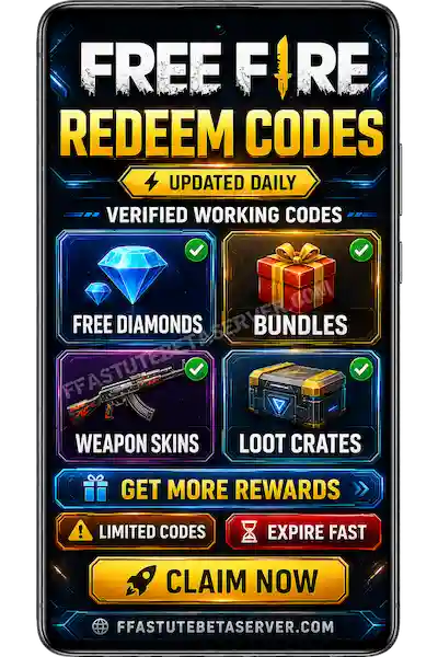 Free Fire redeem codes today June 2026 showing active FF codes for free diamonds weapon skins and Diamond Royale Vouchers