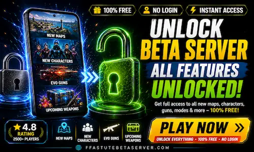 Unlock Beta Server showing Free Fire and Free Fire MAX beta features unlocked — new maps, Evo guns, characters, weapons, and diamonds completely free using Astute Beta Server
