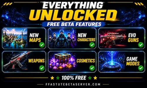 Free Fire beta server unlocked showing new maps, weapons, Evo guns, characters, diamonds, and game modes accessible
free on Astute Beta Server for Free Fire and Free Fire MAX