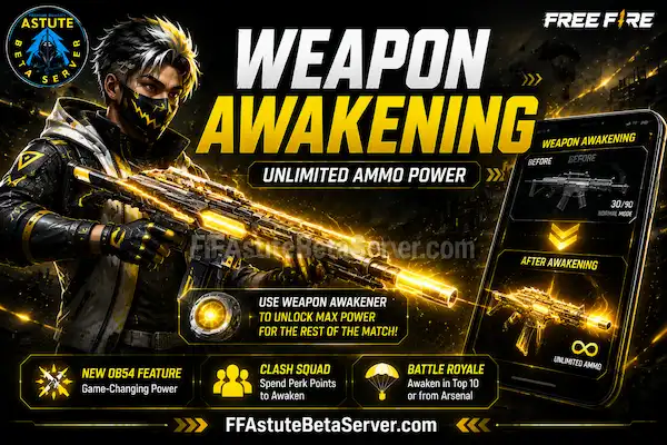 Free Fire OB54 Update — New Features, Release Date & Full Guide 2 Weapon Awakening feature in Free Fire OB54 showing an awakened weapon with unlimited ammo, Clash Squad Perk Points, and Battle Royale gameplay.